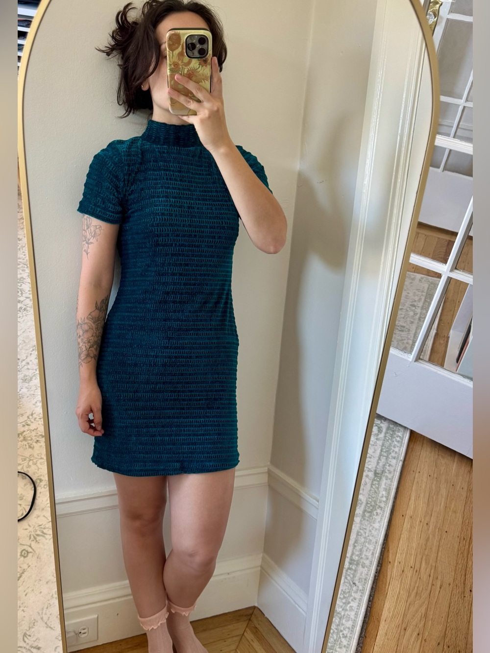 Teal Velvet Mock Neck Mini Dress with Textured Smocked Pattern and Ruffled Edges
